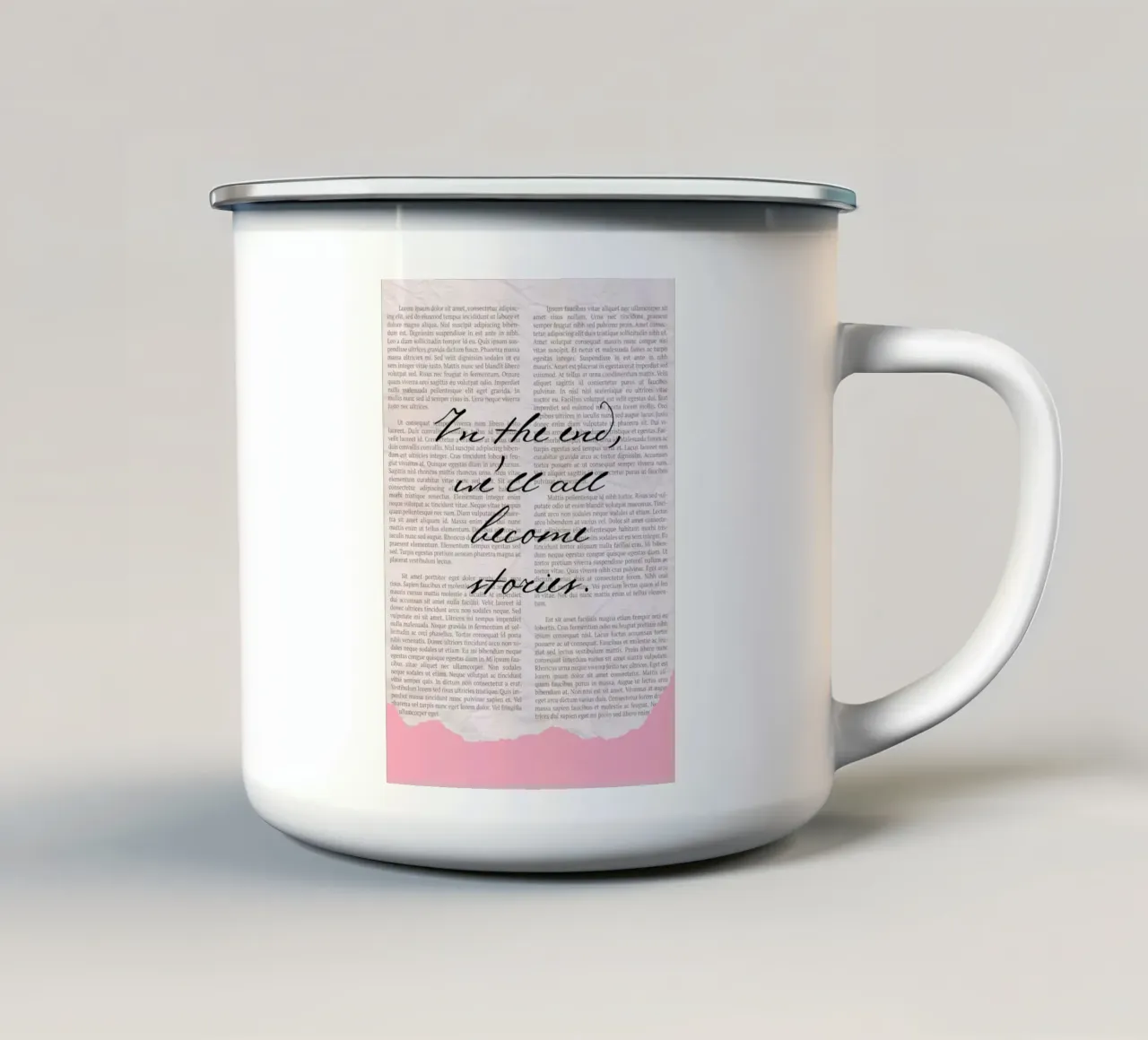 "E alla fine, diventeremo tutti storie". tazza in smalto da vintagepod