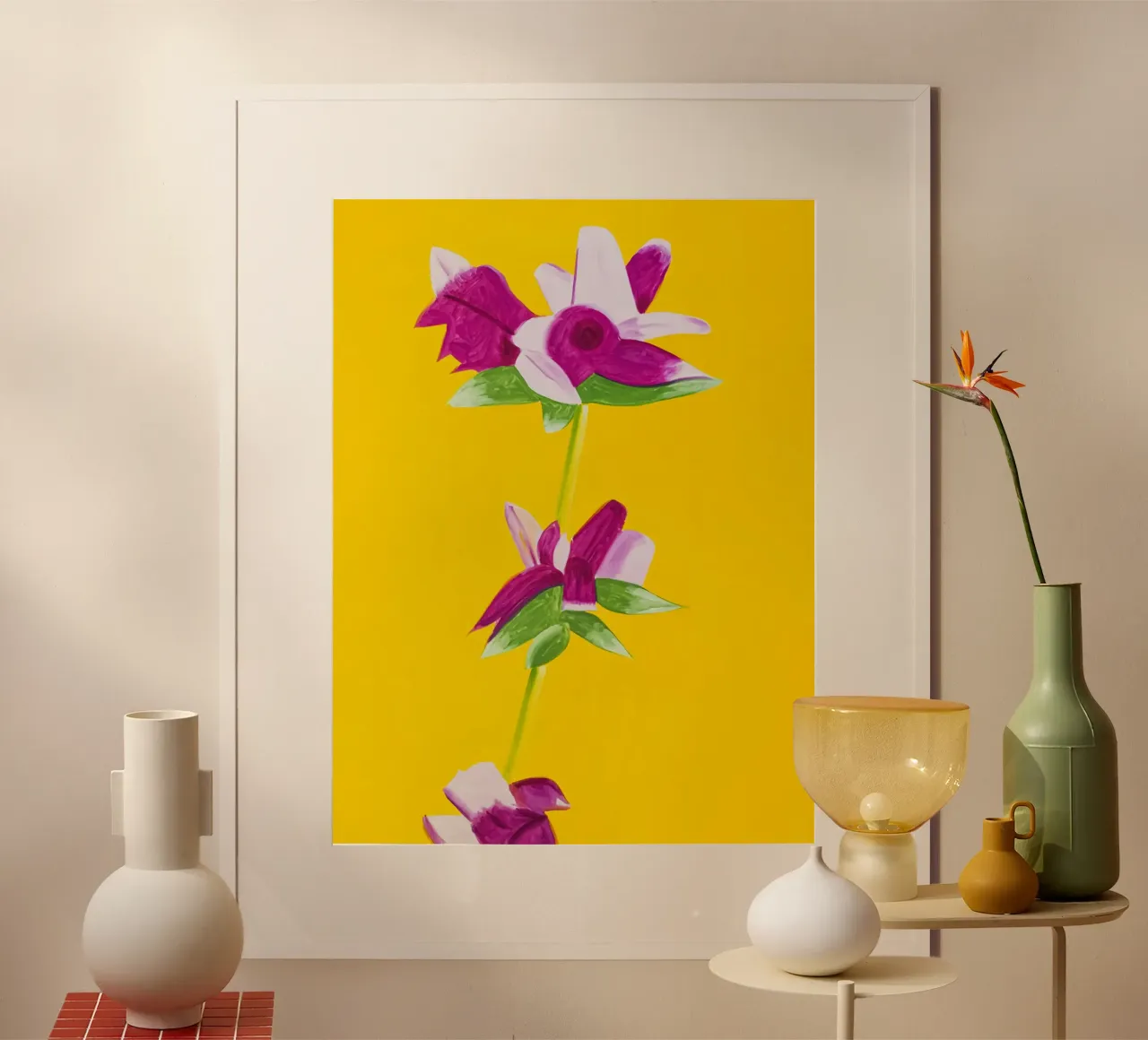 Alex Katz Azalées sur fond jaune poster avec cadre en plastique de Marcobarshop