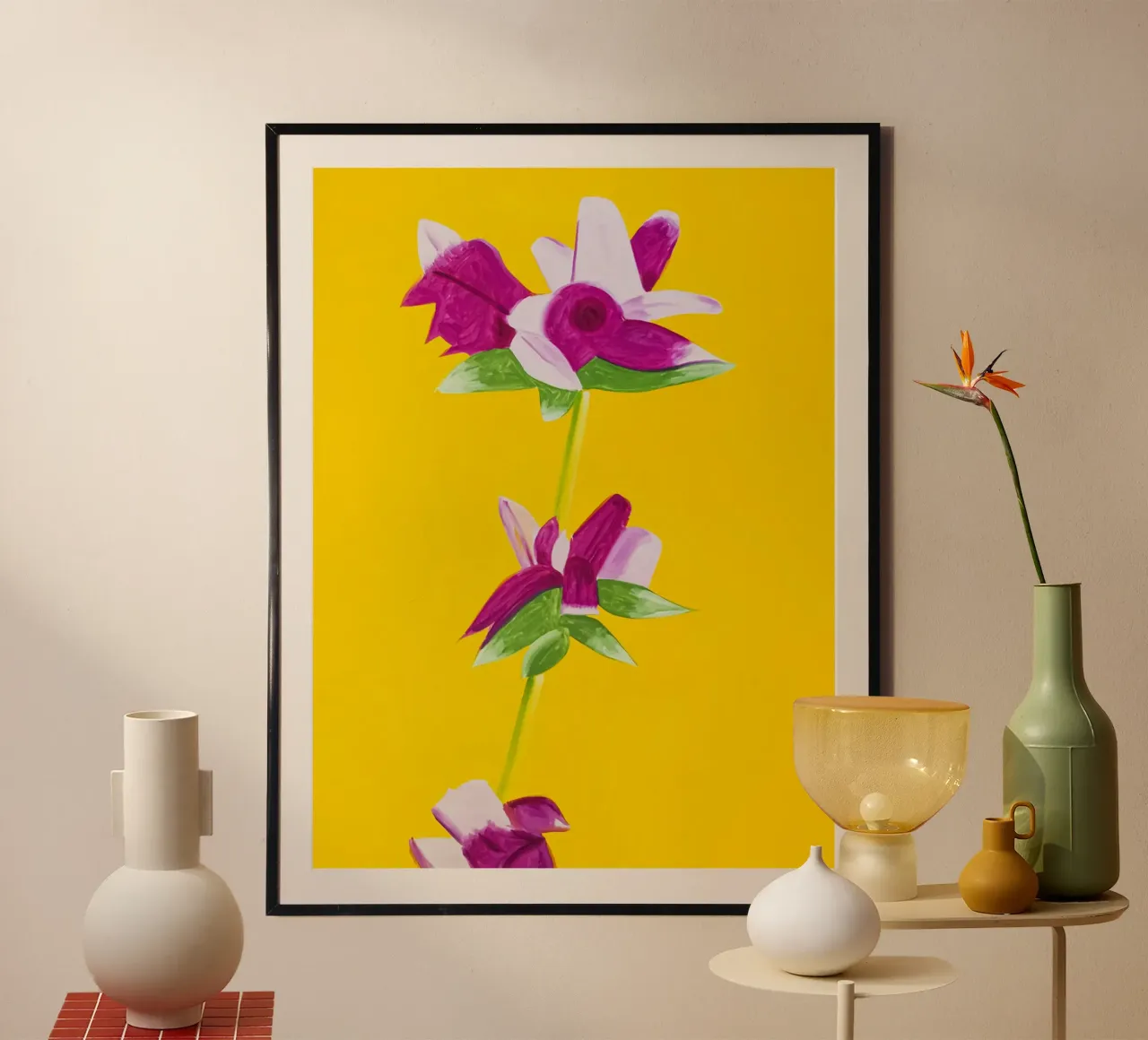 Alex Katz Azalées sur fond jaune poster avec cadre en plastique de Marcobarshop