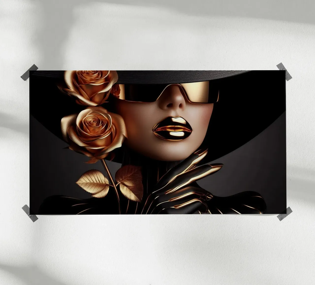 Donna con cappello con disegno dorato poster con telaio in alluminio da BenCoStyle