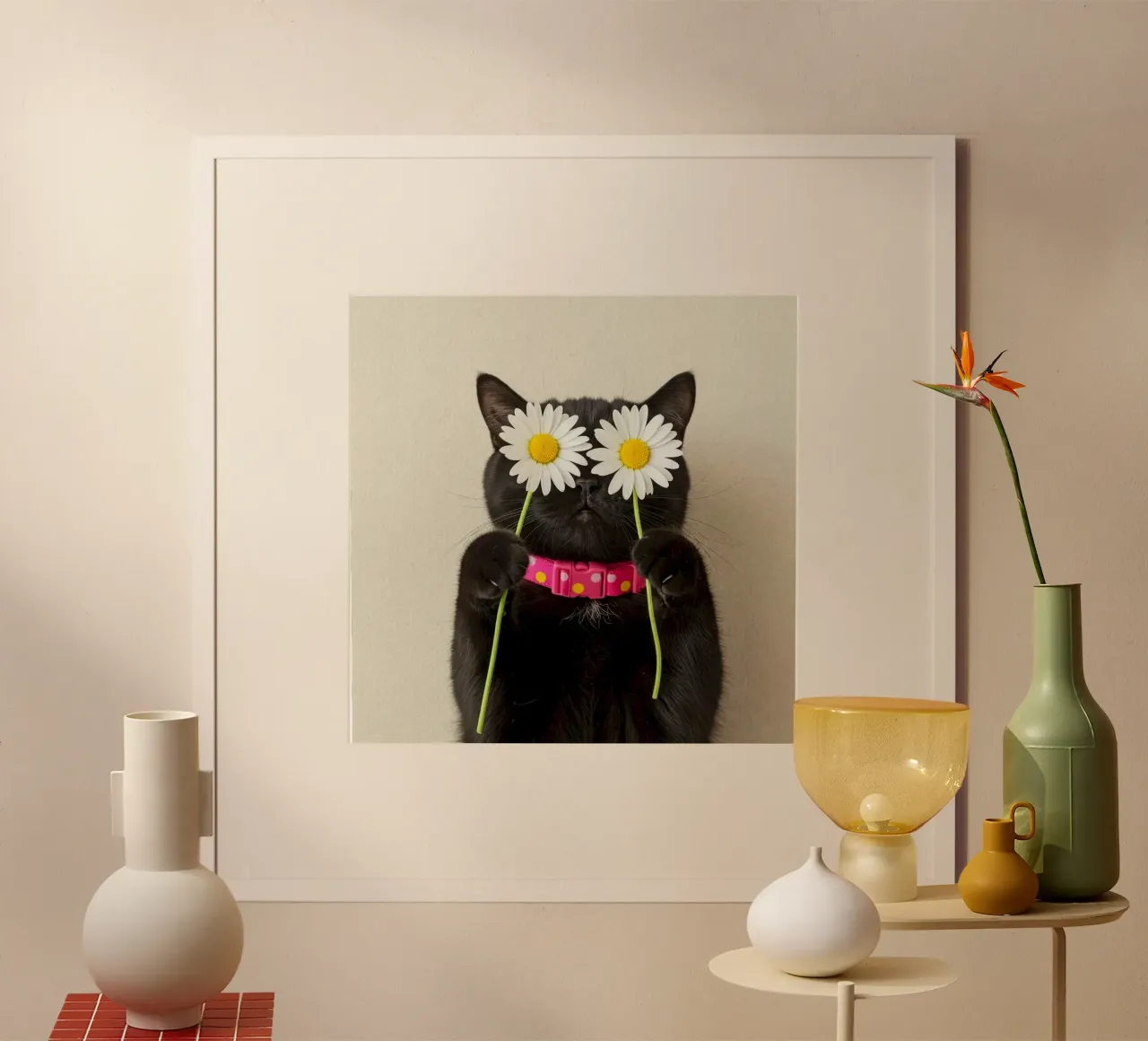 cat with sunflower eyes poster con telaio in plastica da ramian