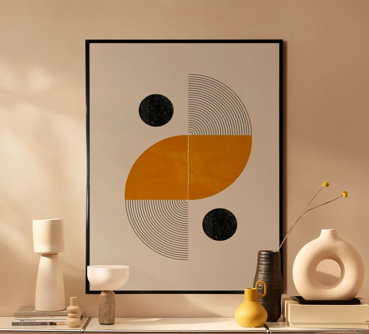 shape black circle and curve line poster con telaio in legno da ramian