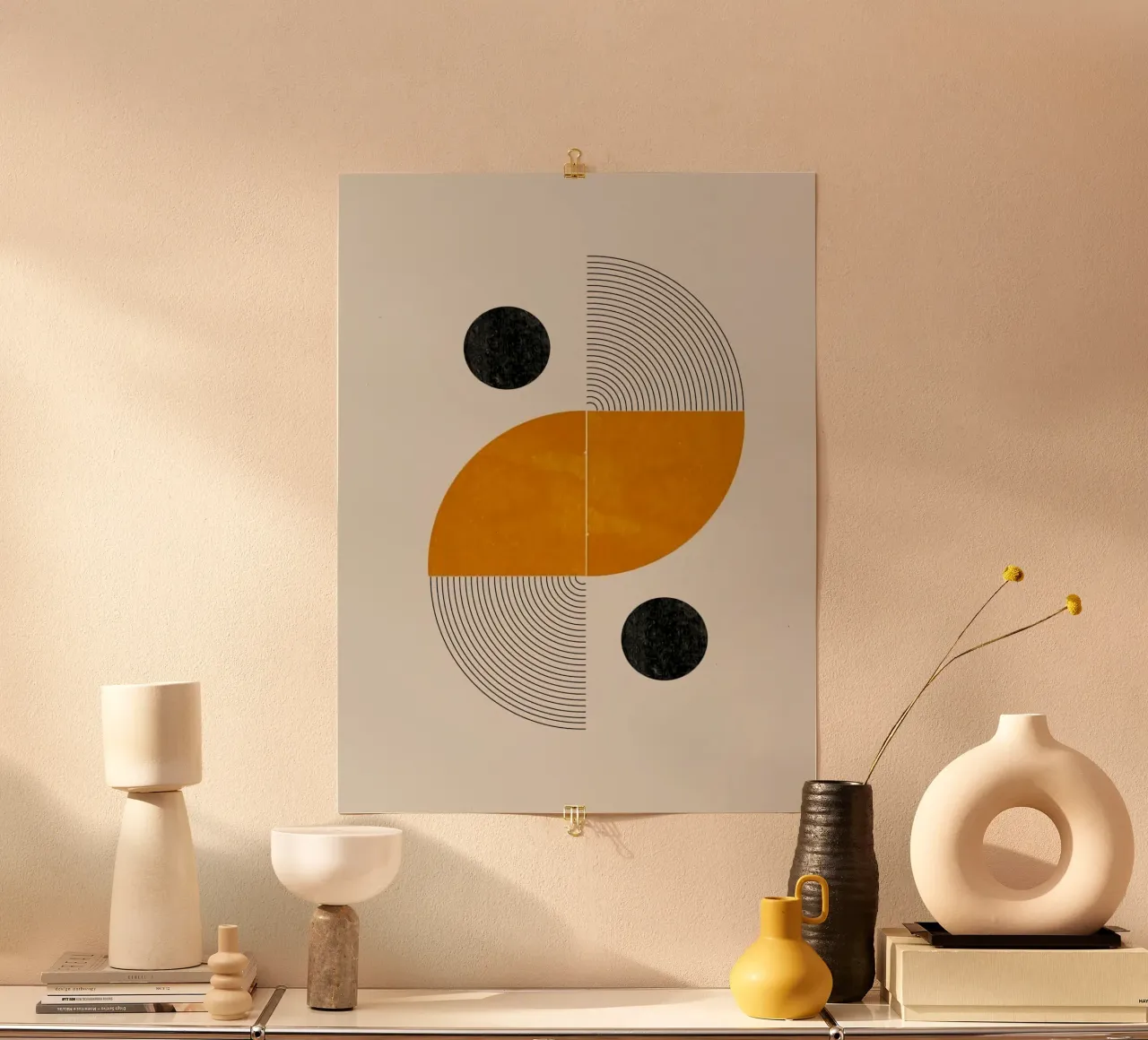 shape black circle and curve line poster con telaio in legno da ramian
