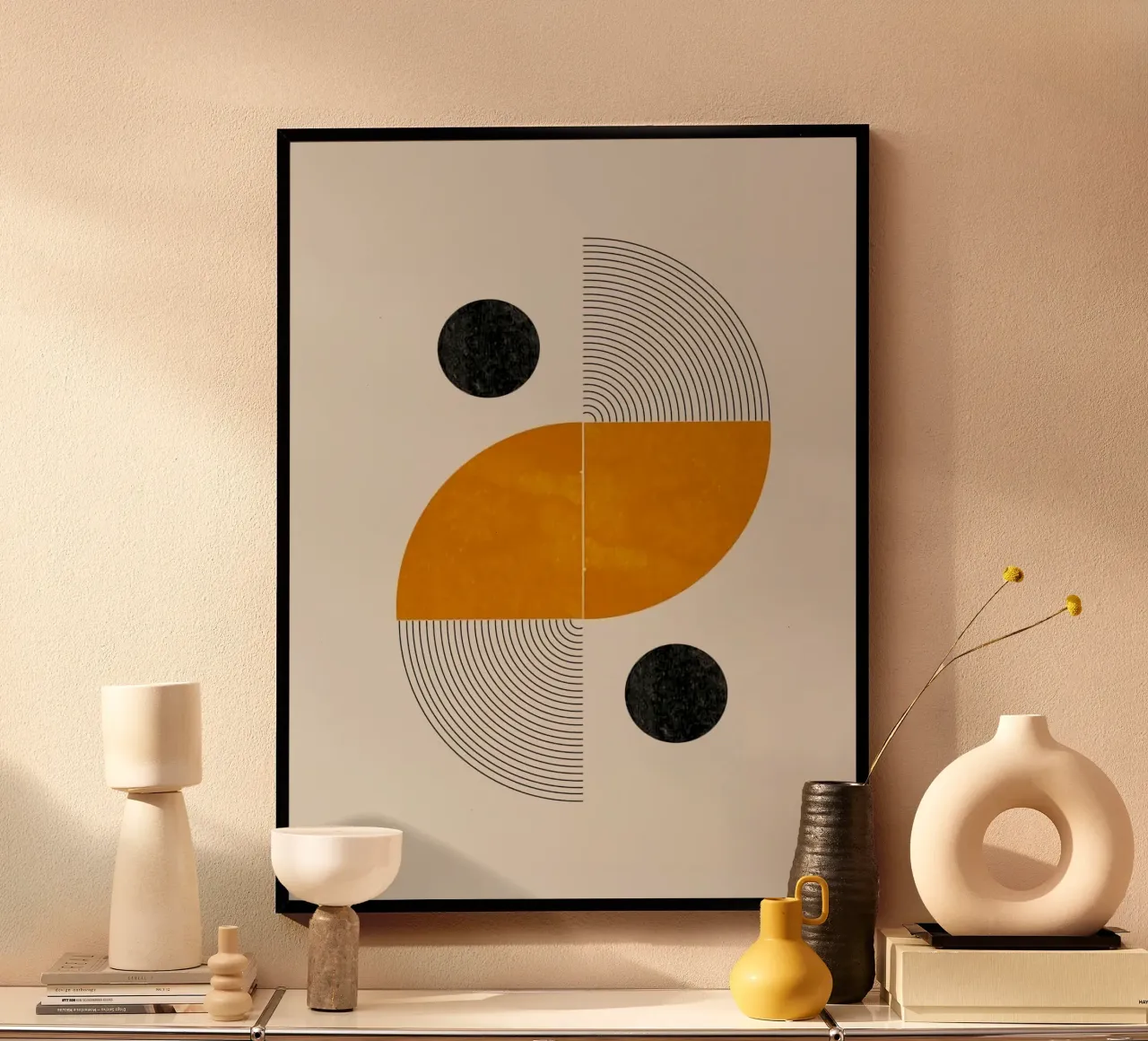 shape black circle and curve line poster con telaio in legno da ramian