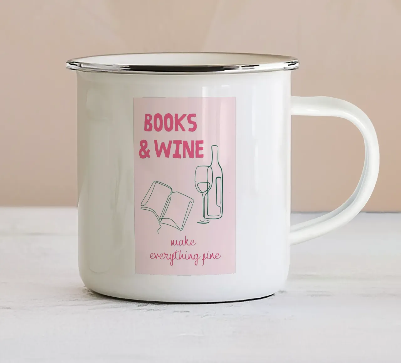 Libri e vino rendono tutto più bello tazza in smalto da vintagepod