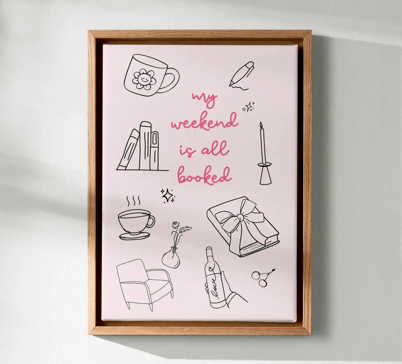 My Weekend is All Booked - Pink Print canvas with Floater frame by vintagepod