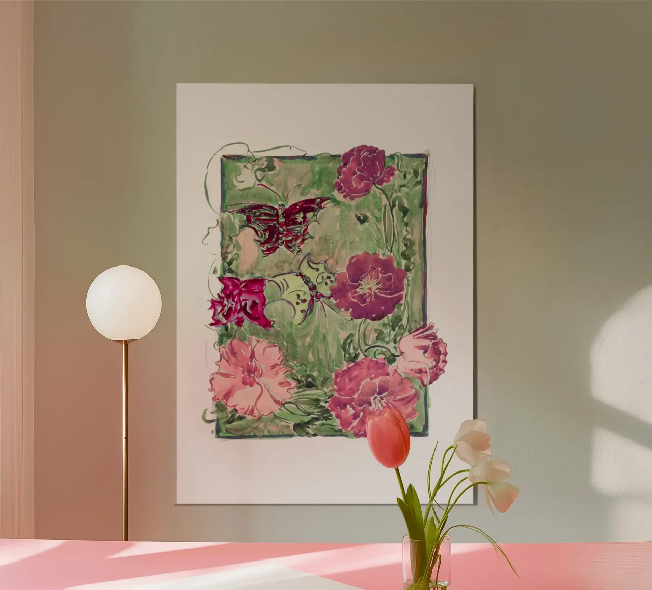 Disegni floreali e farfalle ad acquerello poster con telaio in alluminio da vintagepod