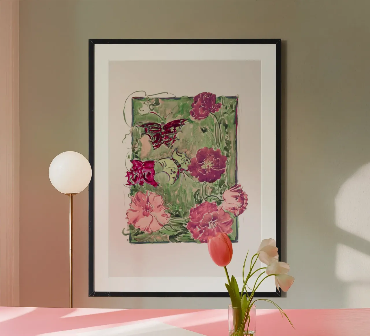 Disegni floreali e farfalle ad acquerello poster con telaio in alluminio da vintagepod