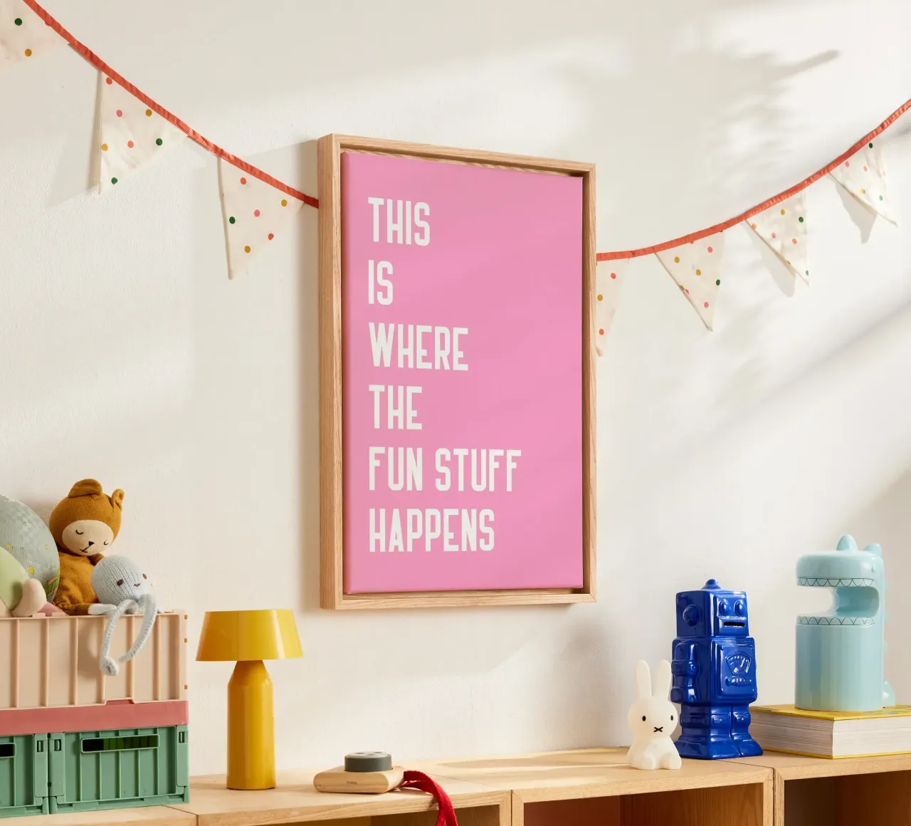 Where the fun stuff happen canvas with Floater frame by Athene Fritsch