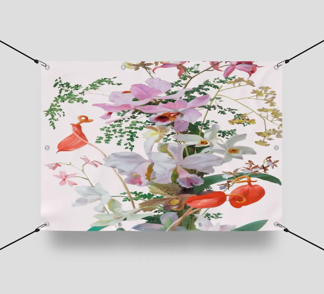 Illustrazione botanica Orchidea e Felce - Rosa telo in pvc da vintagepod
