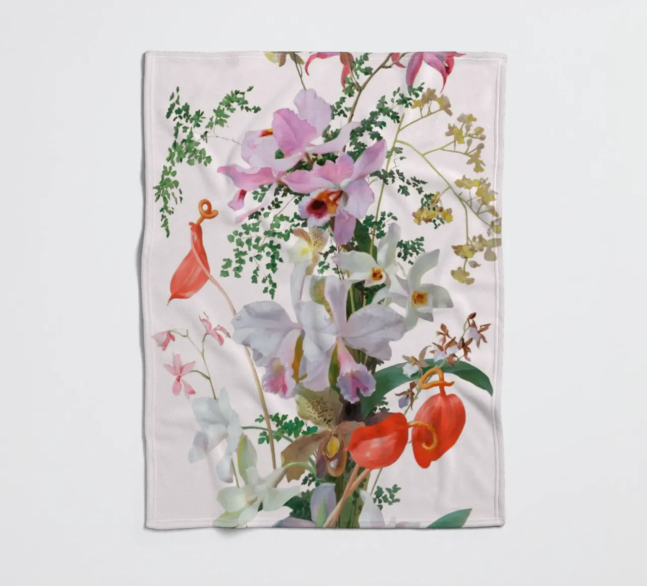 Illustrazione botanica Orchidea e Felce - Rosa coperta in pile da vintagepod