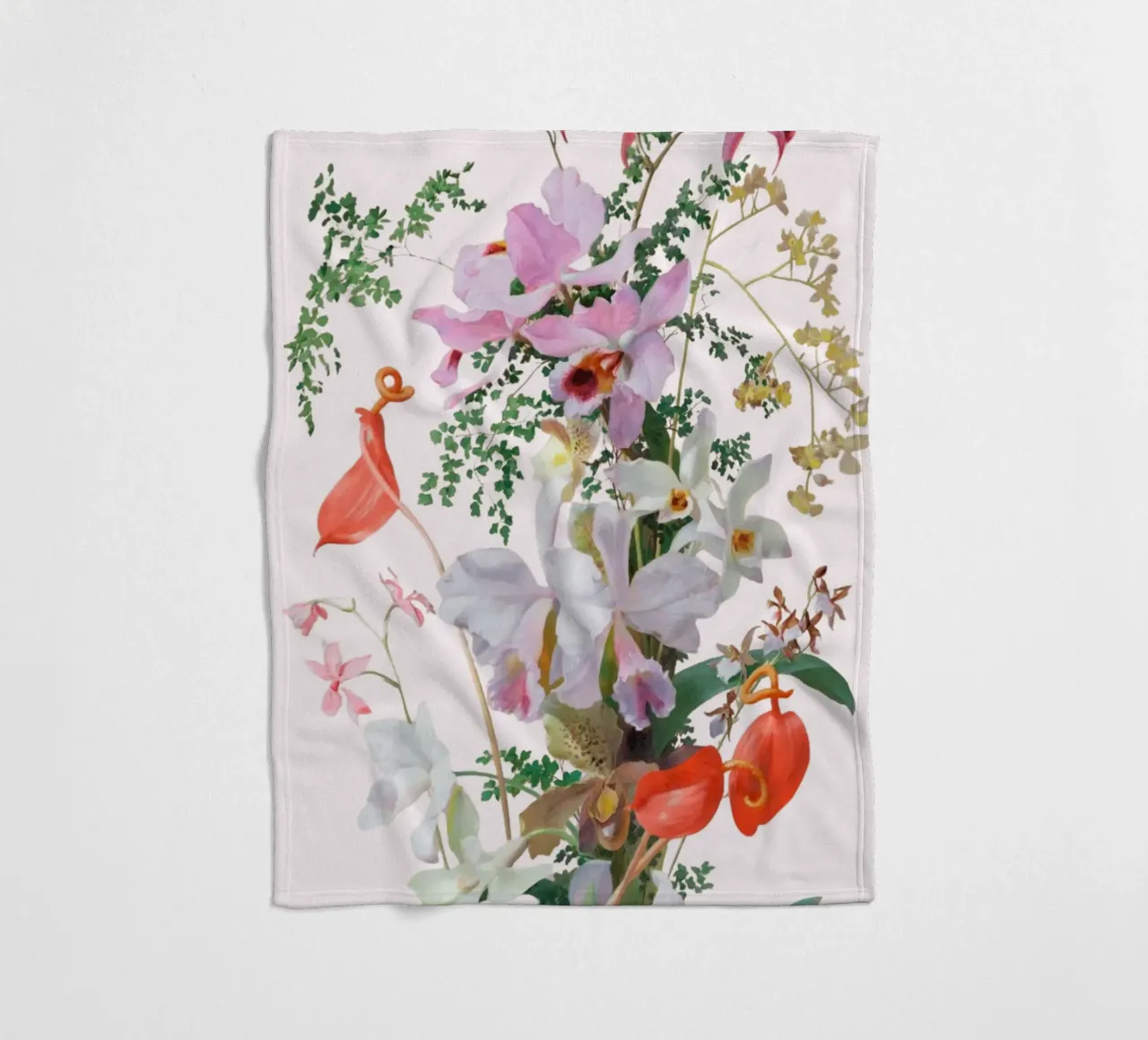 Illustrazione botanica Orchidea e Felce - Rosa coperta in pile da vintagepod