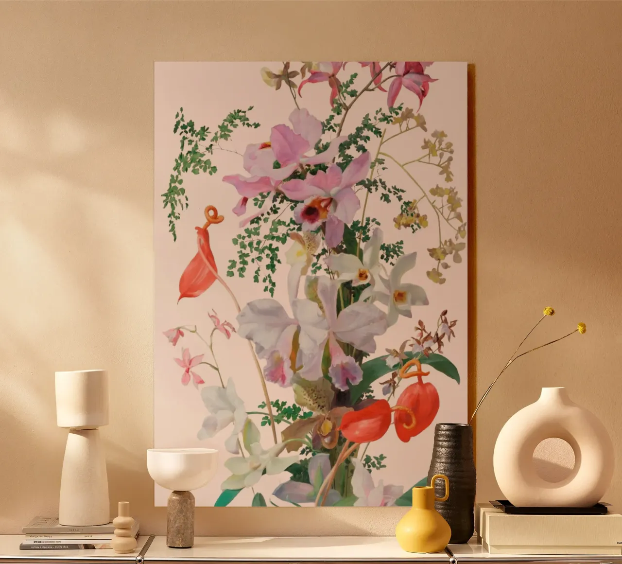 Illustrazione botanica Orchidea e Felce - Rosa alluminio dibond da vintagepod