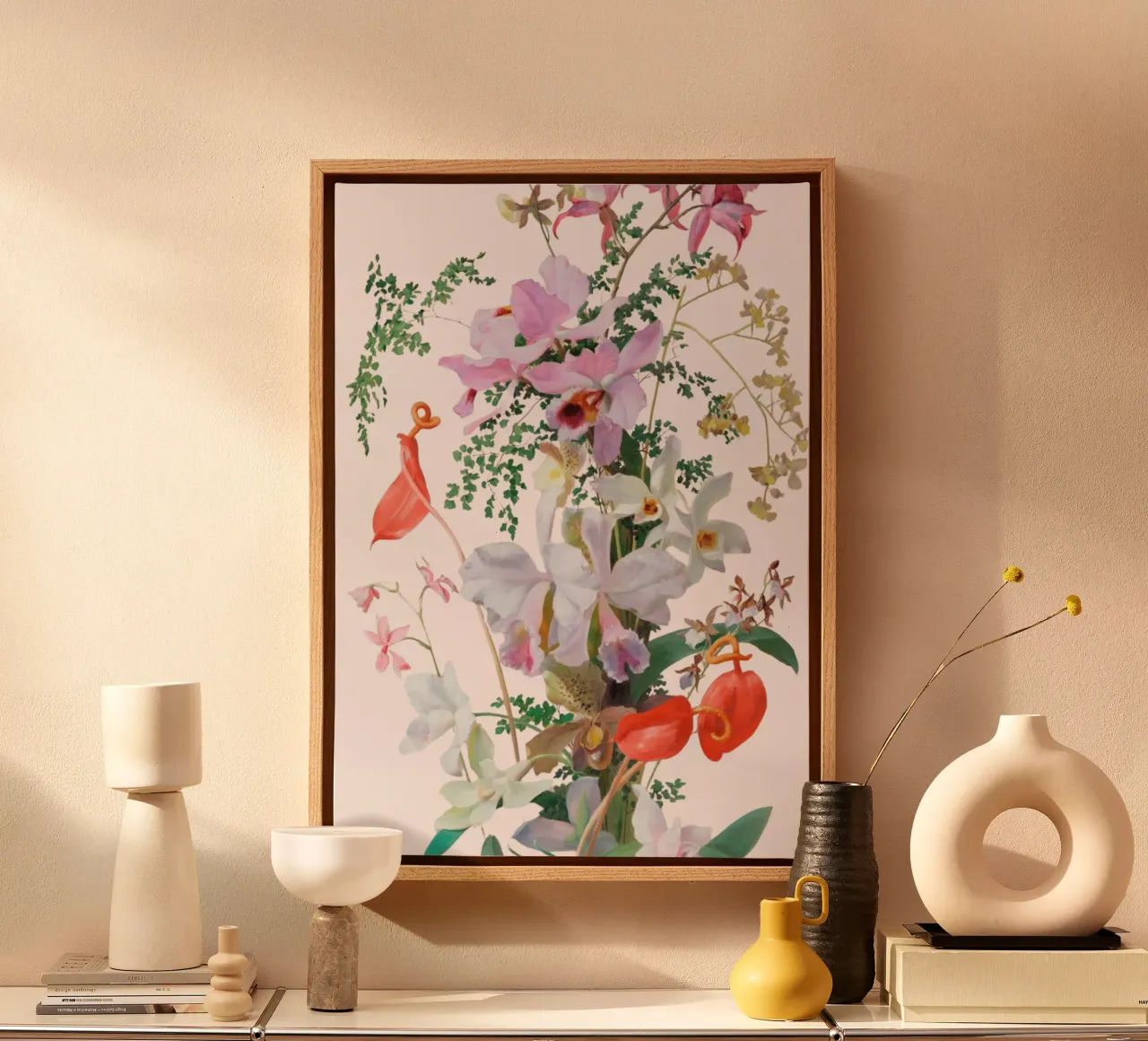 Illustrazione botanica Orchidea e Felce - Rosa tela con Cornice a cassetta da vintagepod