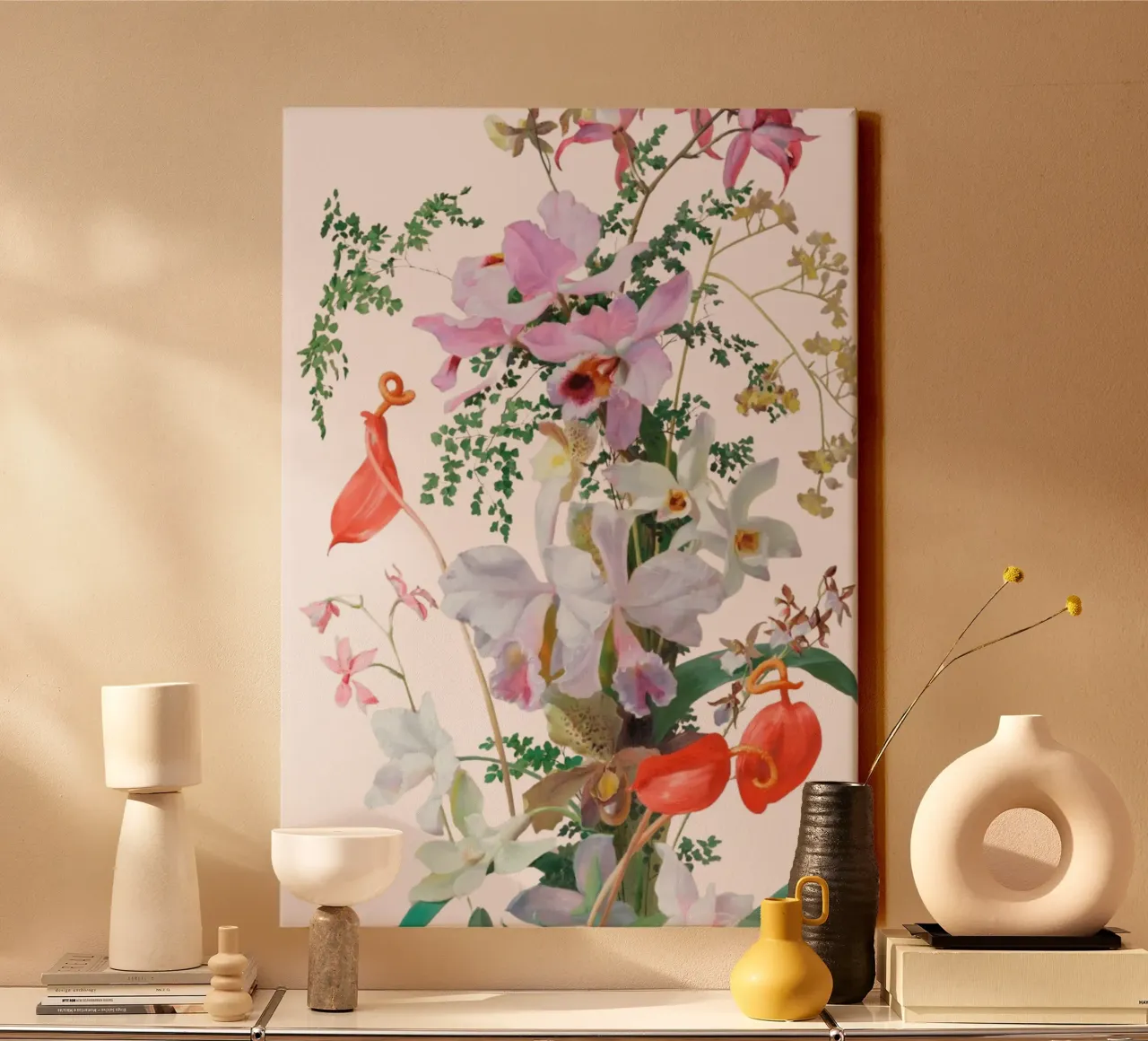 Illustrazione botanica Orchidea e Felce - Rosa tela con Cornice a cassetta da vintagepod