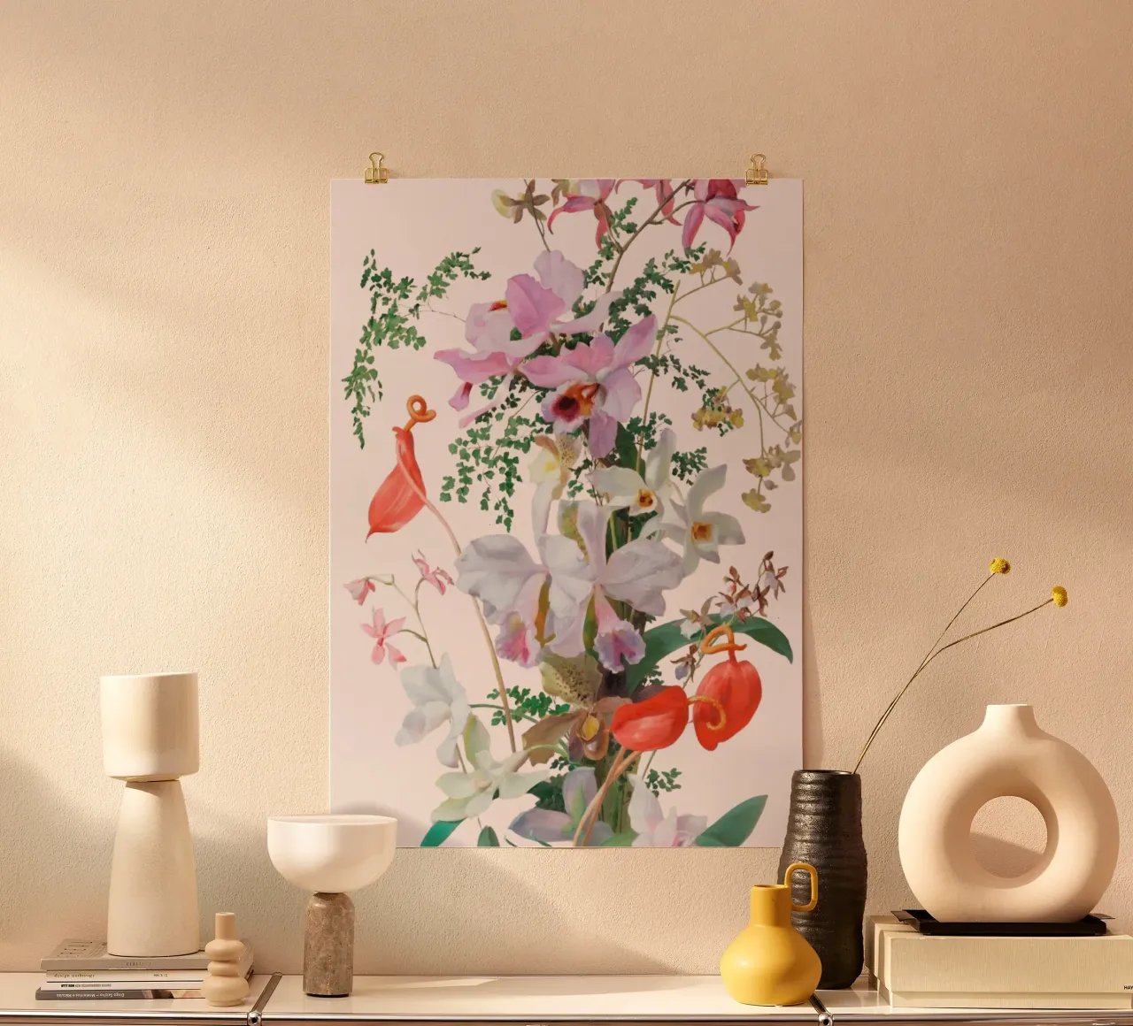 Illustrazione botanica Orchidea e Felce - Rosa poster con telaio in plastica da vintagepod