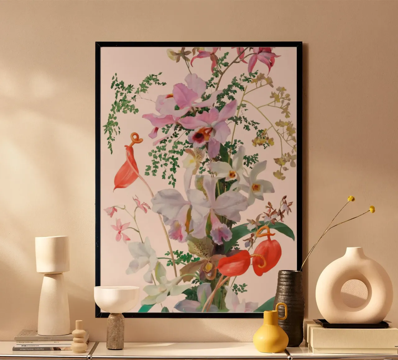 Illustrazione botanica Orchidea e Felce - Rosa poster con telaio in plastica da vintagepod