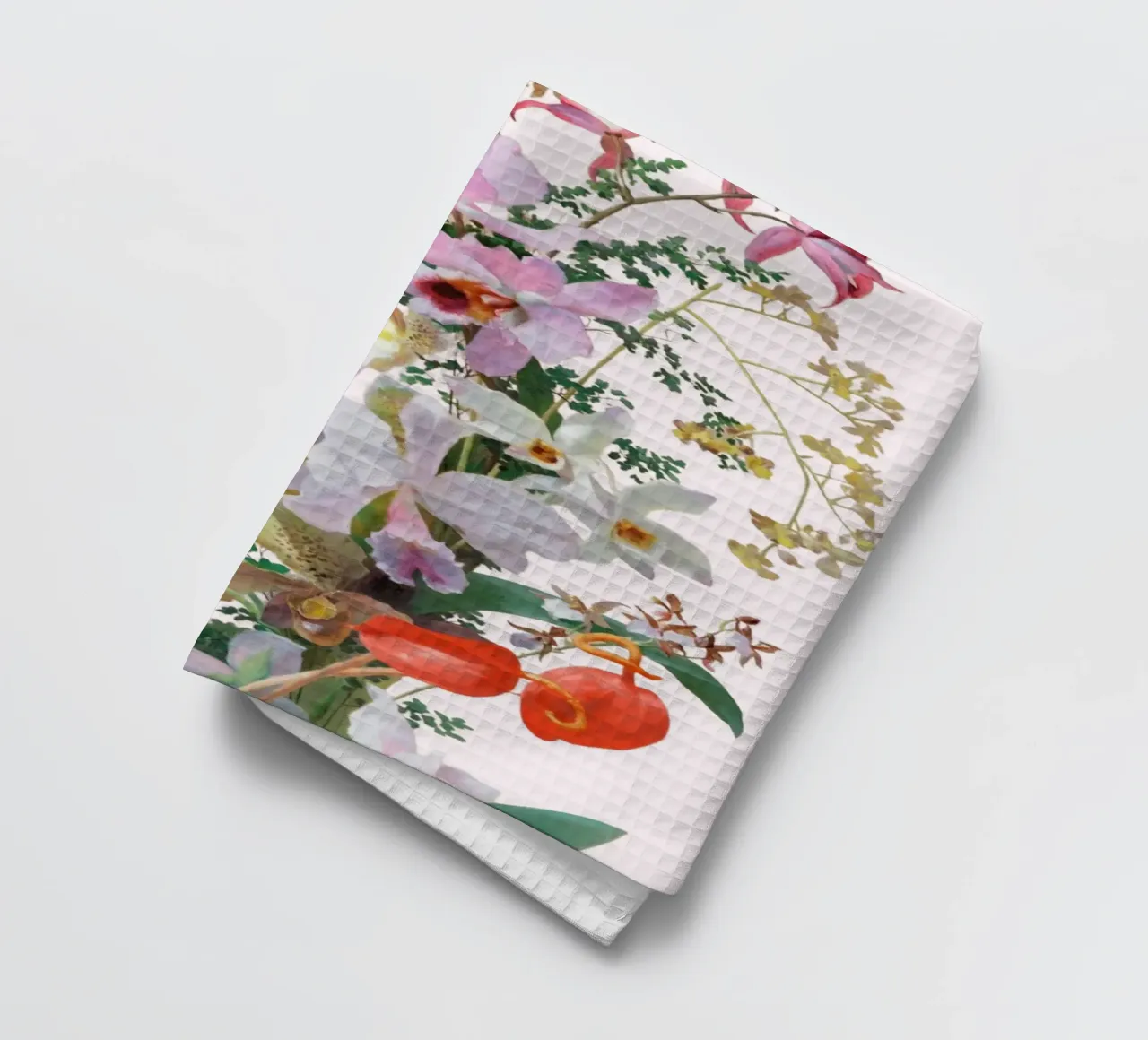 Illustrazione botanica Orchidea e Felce - Rosa canovaccio da cucina da vintagepod