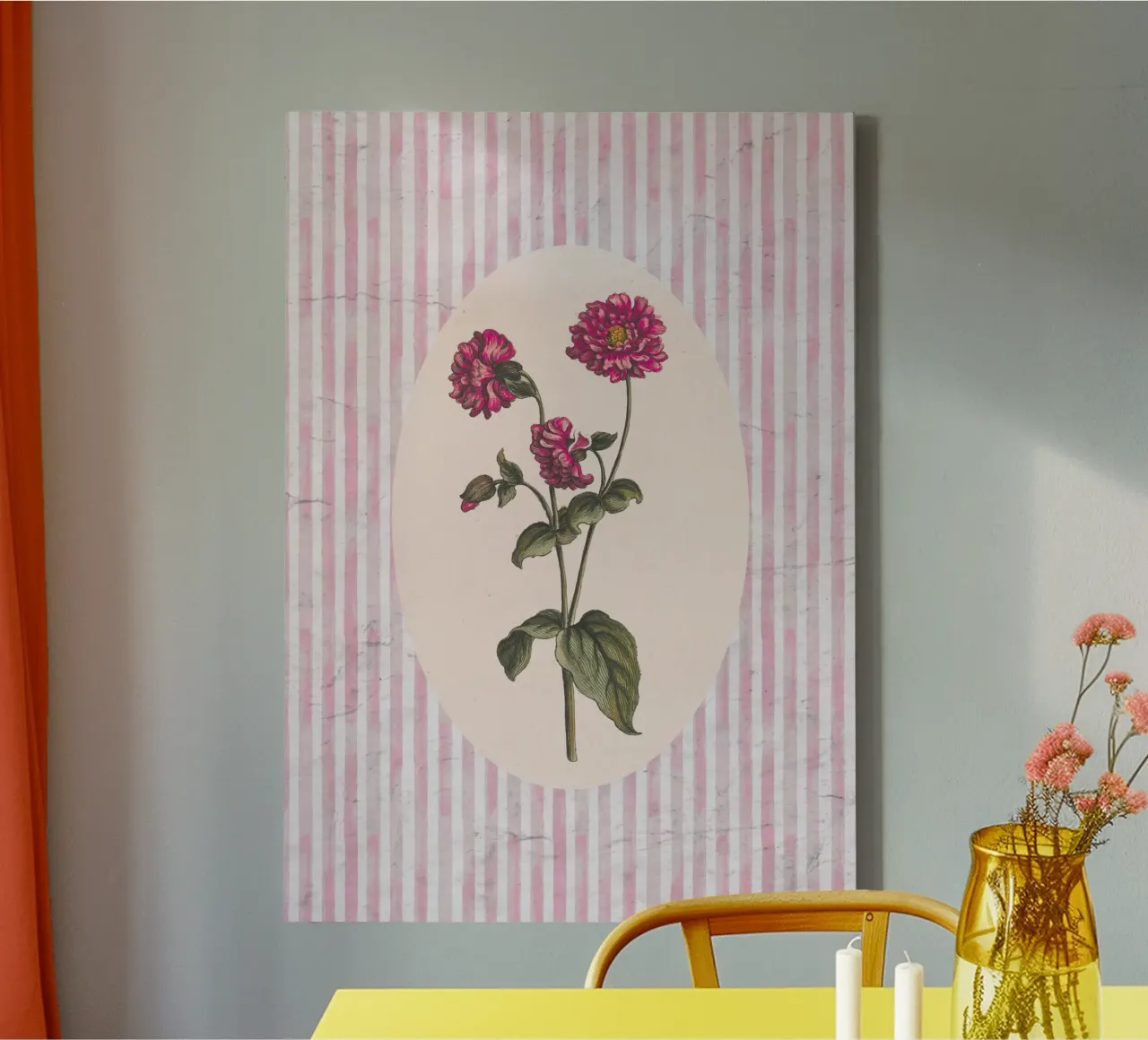Poster vintage Dahlia Botanical - Pink Stripe tela con Cornice a cassetta da vintagepod