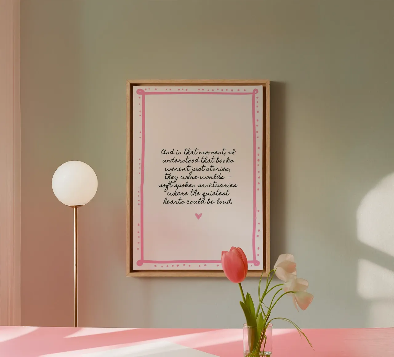 "Books Are Worlds" Literary Quote Print - Soft Pink Aestheti canvas with Floater frame by vintagepod