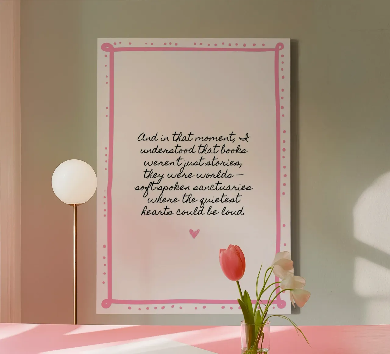 "Books Are Worlds" Literary Quote Print - Soft Pink Aestheti canvas with Floater frame by vintagepod