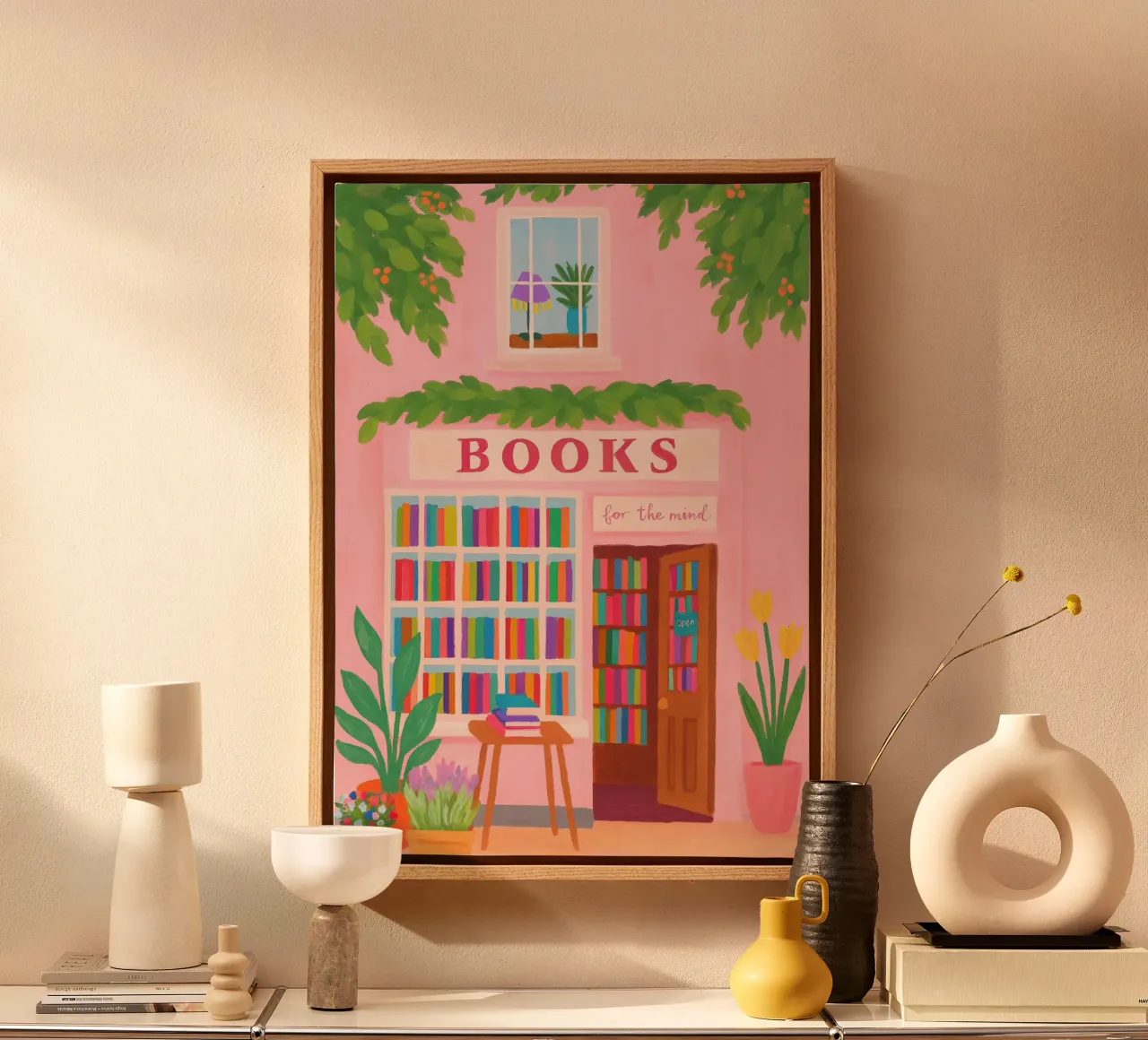 Charming Pink Bookstore Facade Art Print canvas with Floater frame by vintagepod