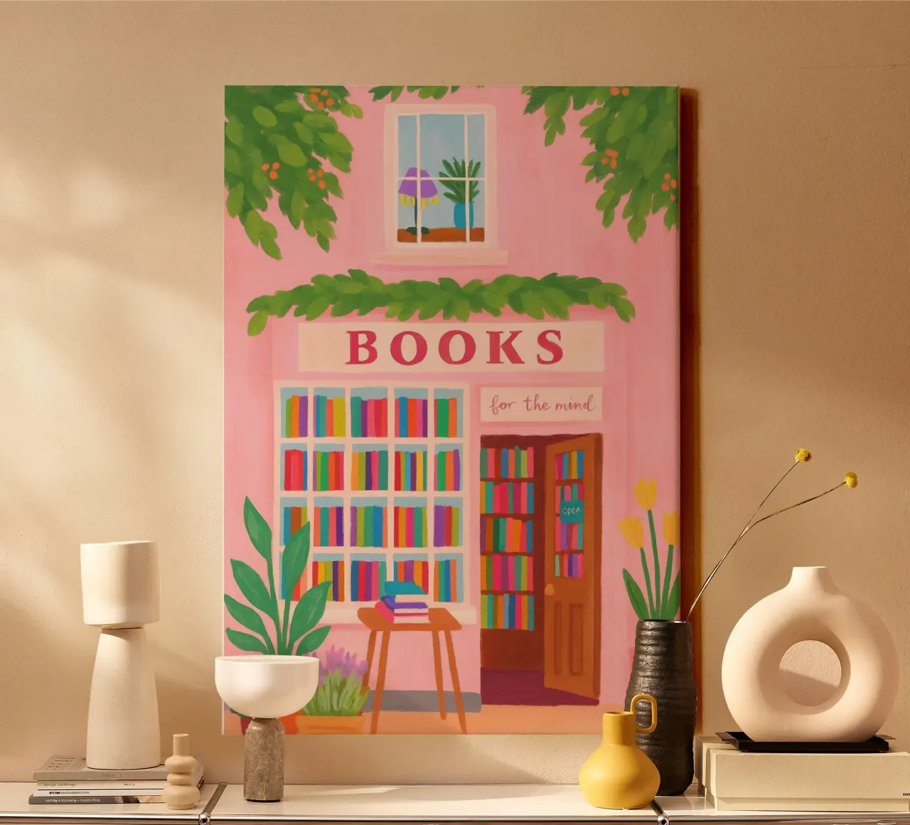 Charming Pink Bookstore Facade Art Print canvas with Floater frame by vintagepod