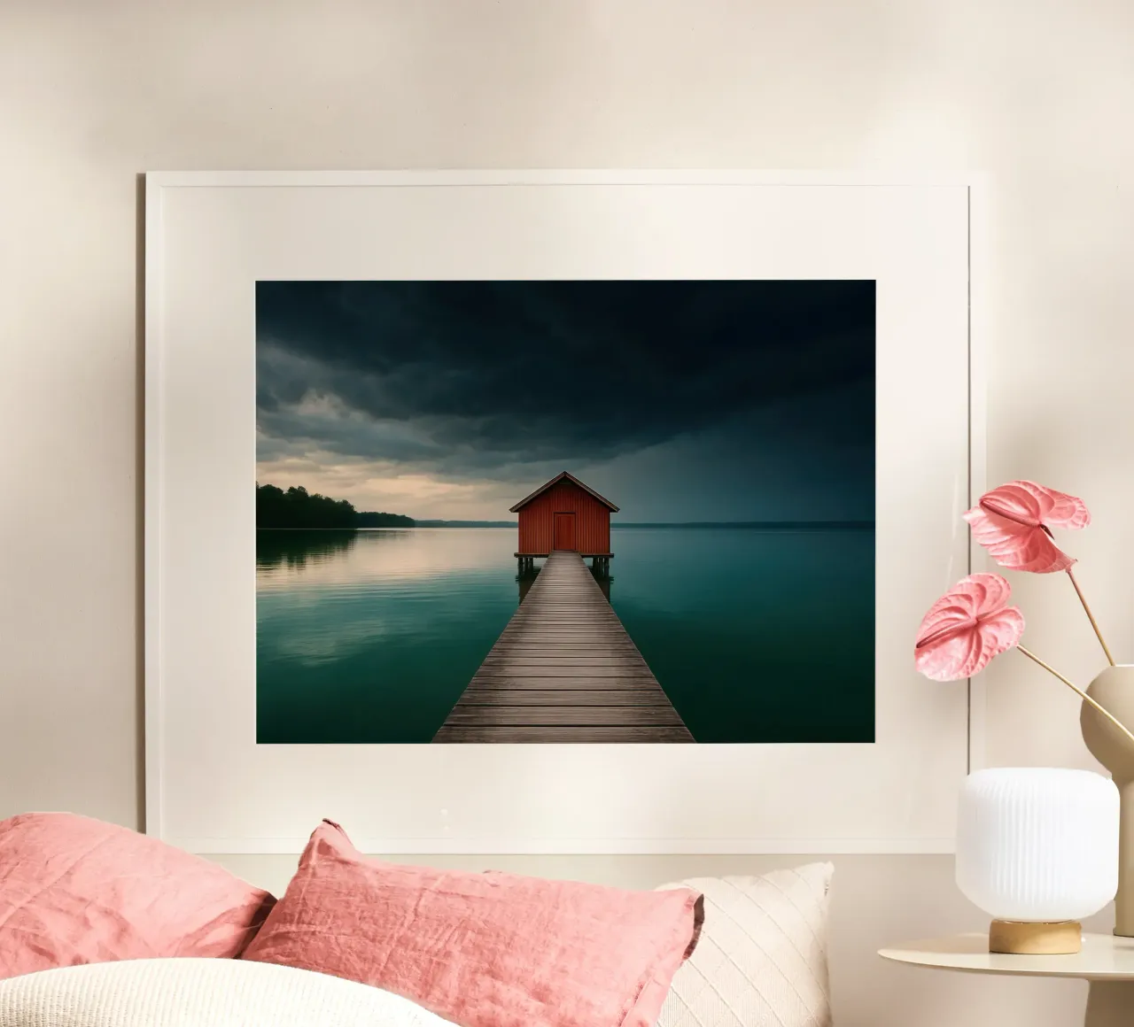 Boathouse by the Lake poster con telaio in plastica da Attaboy Dsgn