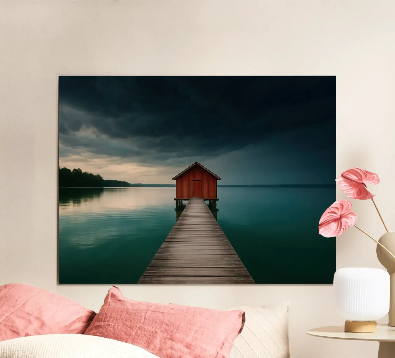 Boathouse by the Lake poster con telaio in plastica da Attaboy Dsgn