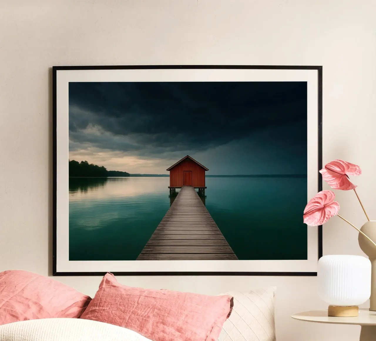 Boathouse by the Lake poster con telaio in plastica da Attaboy Dsgn
