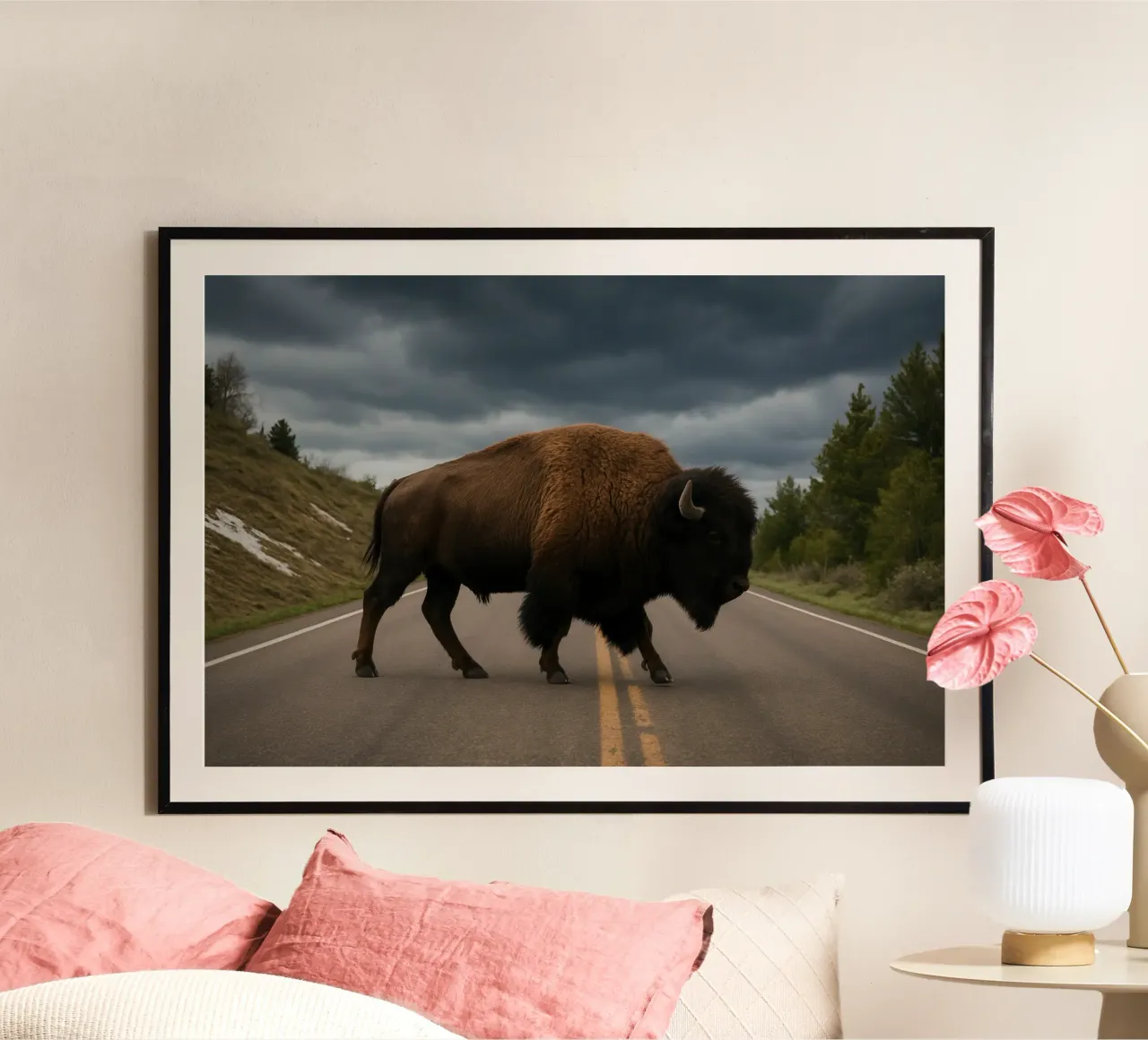 Bison on the Road poster con telaio in plastica da Attaboy Dsgn