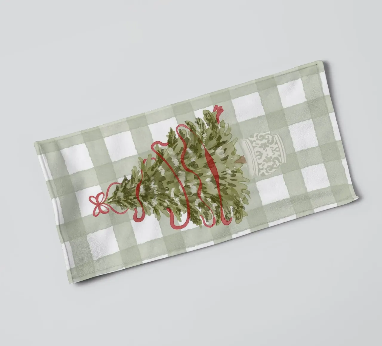Vintage Christmas Tree with Red Ribbon on Gingham Check towel by Stilrausch