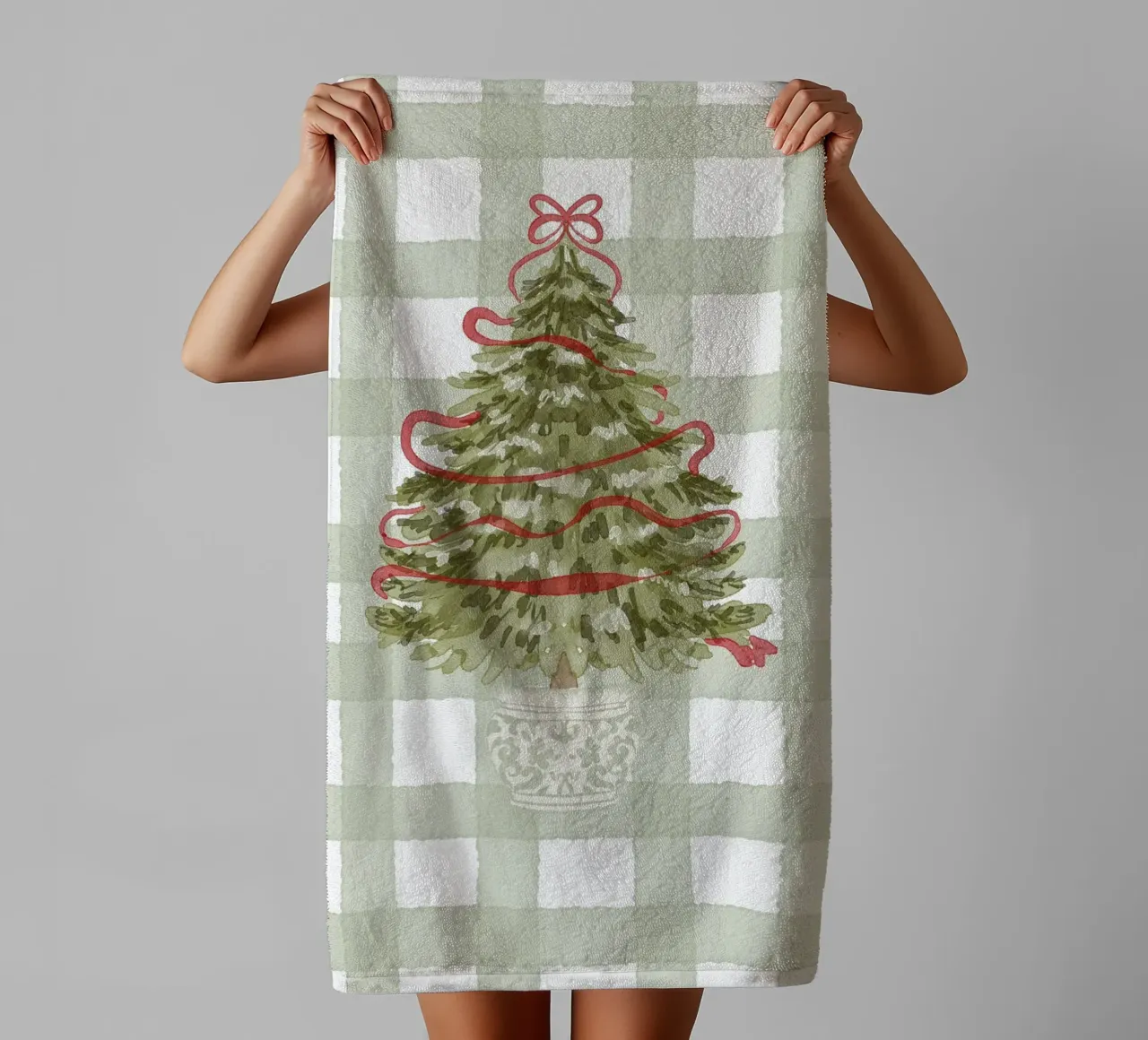 Vintage Christmas Tree with Red Ribbon on Gingham Check towel by Stilrausch