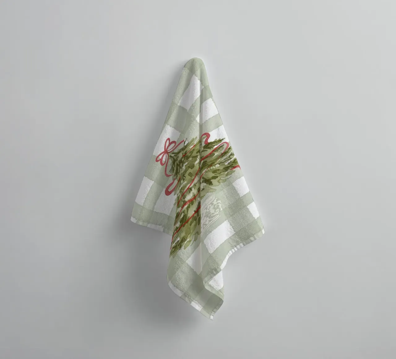 Vintage Christmas Tree with Red Ribbon on Gingham Check towel by Stilrausch