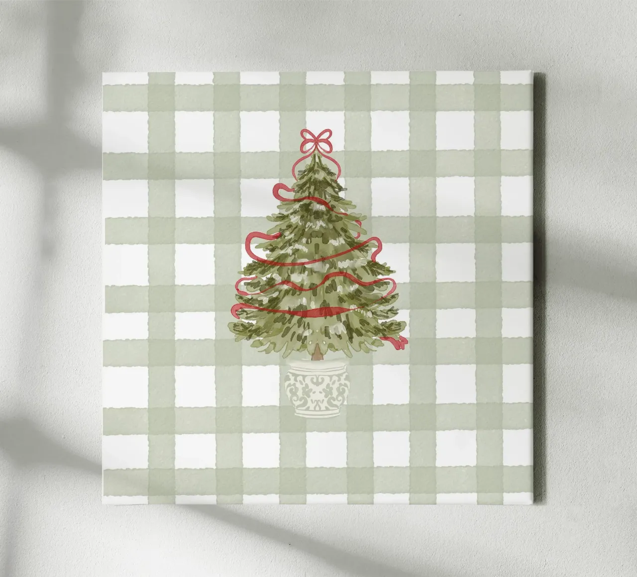 Albero di Natale vintage con nastro rosso su quadretti in percalle tela con Cornice a cassetta da Stilrausch