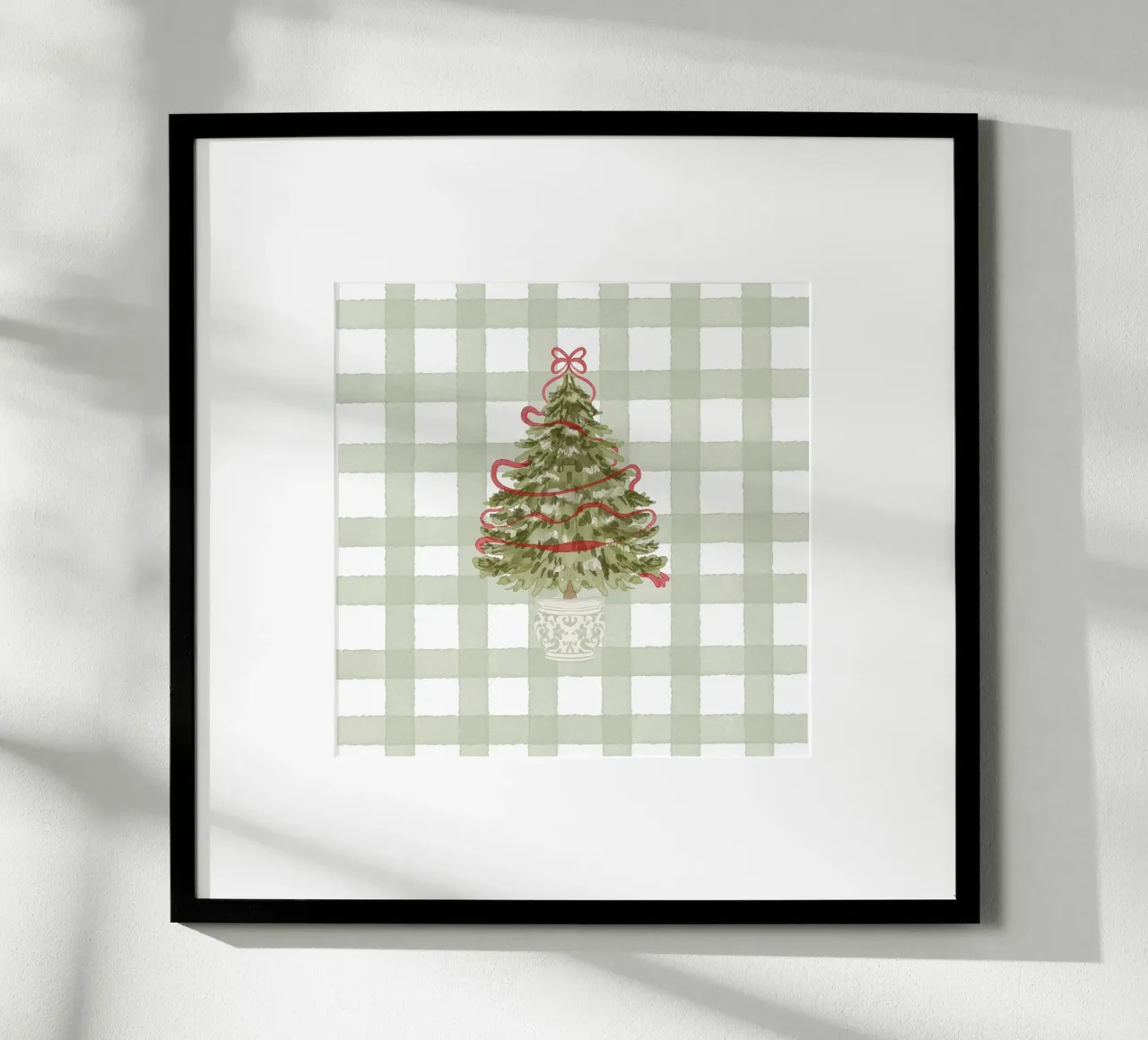 Vintage Christmas Tree with Red Ribbon on Gingham Check poster with plastic frame by Stilrausch