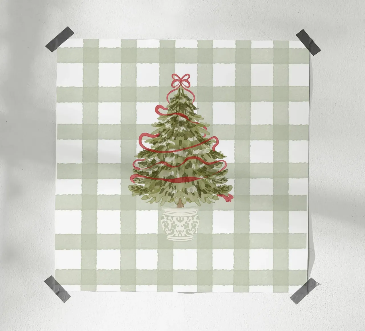 Vintage Christmas Tree with Red Ribbon on Gingham Check poster with plastic frame by Stilrausch