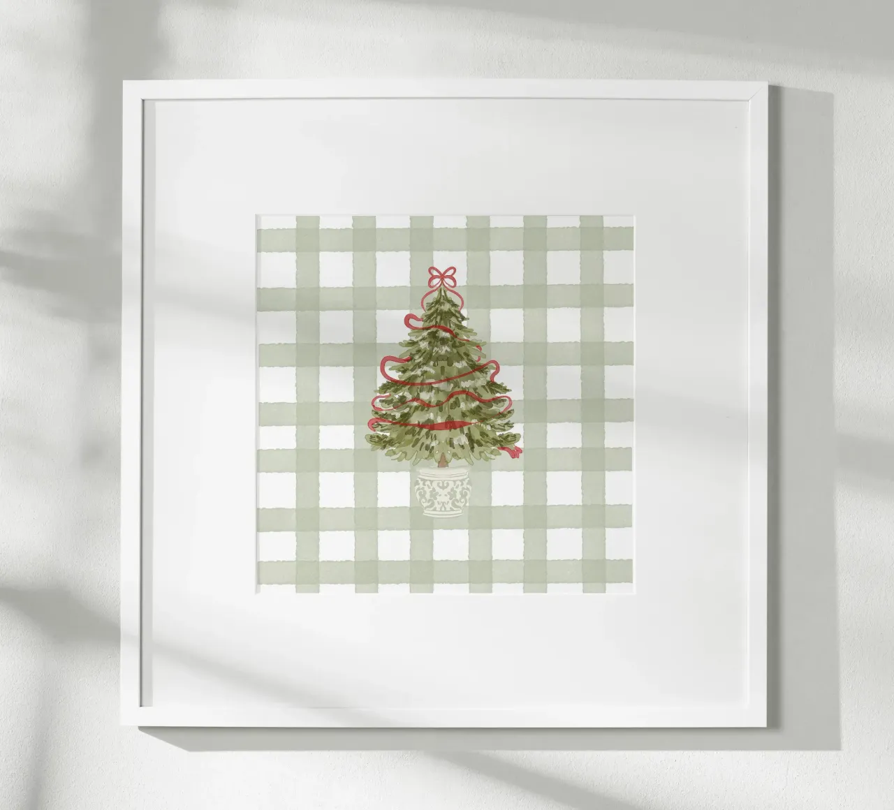 Vintage Christmas Tree with Red Ribbon on Gingham Check poster with plastic frame by Stilrausch