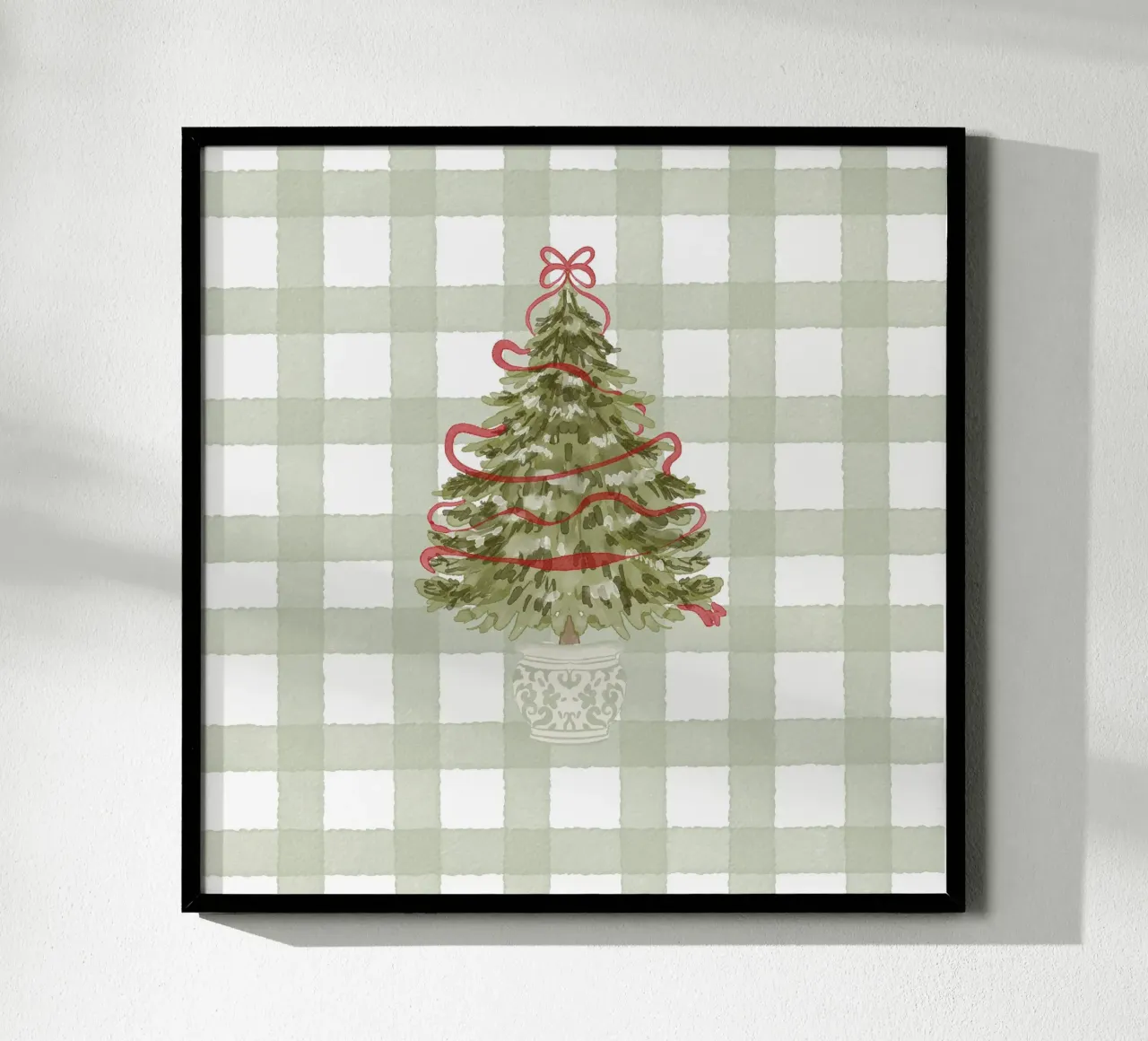 Vintage Christmas Tree with Red Ribbon on Gingham Check poster with plastic frame by Stilrausch