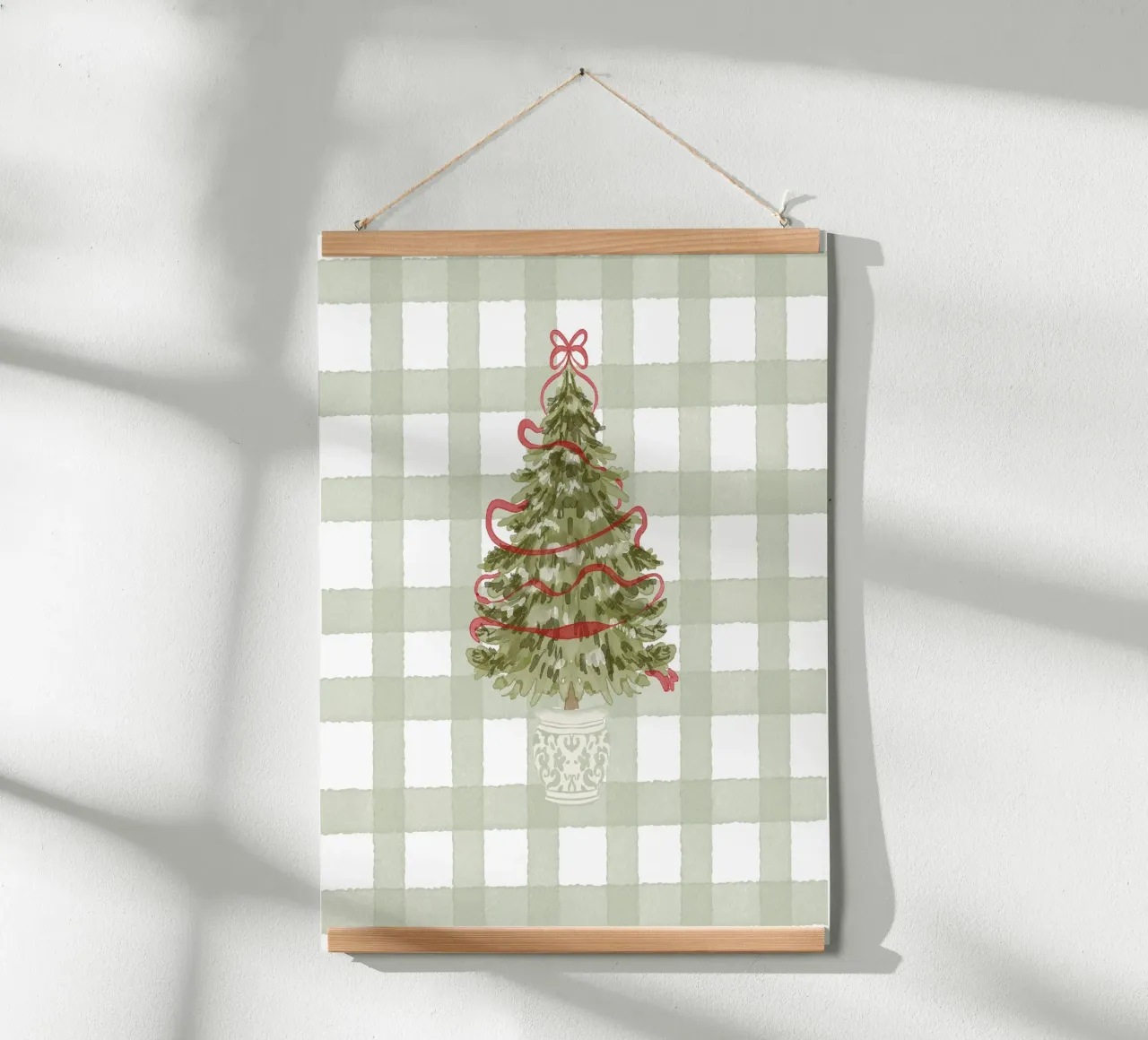 Vintage Christmas Tree with Red Ribbon on Gingham Check poster with plastic frame by Stilrausch