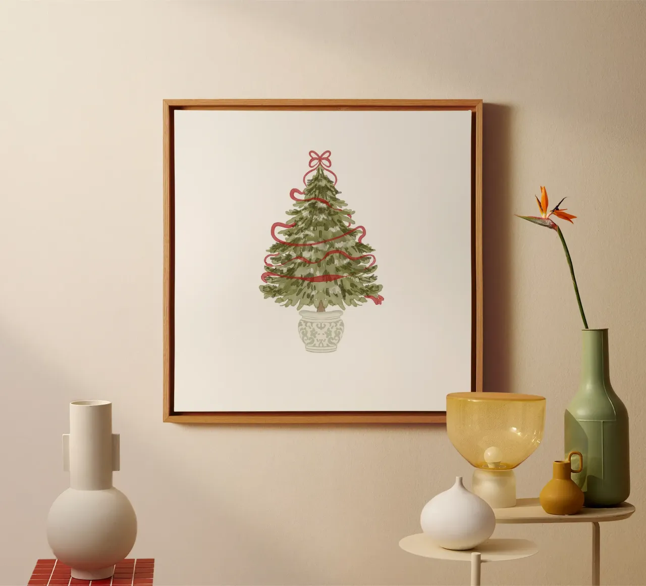 Albero di Natale vintage in vaso ornamentale con nastro rosso tela con Cornice a cassetta da Stilrausch