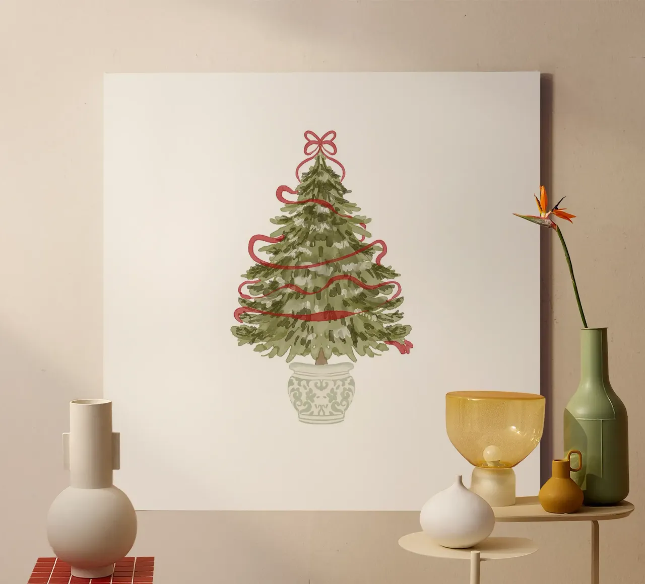 Albero di Natale vintage in vaso ornamentale con nastro rosso tela con Cornice a cassetta da Stilrausch