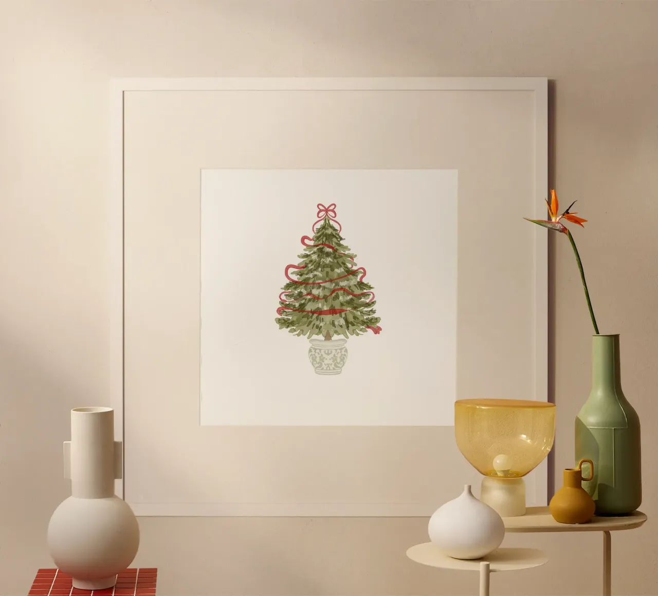 Albero di Natale vintage in vaso ornamentale con nastro rosso poster con telaio in alluminio da Stilrausch
