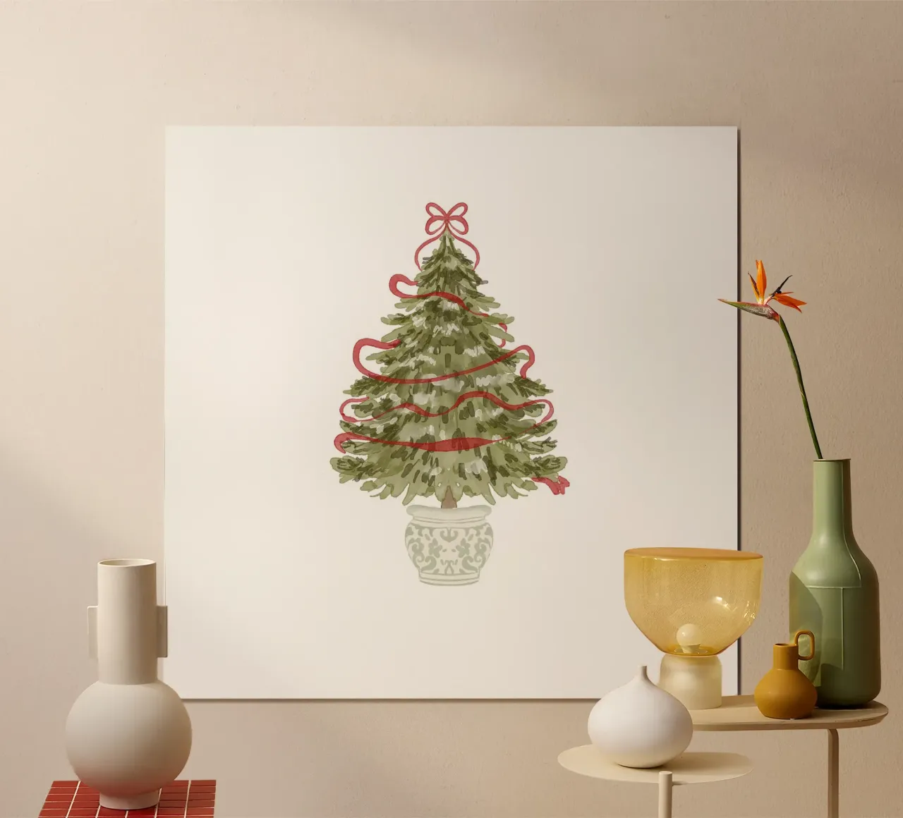 Albero di Natale vintage in vaso ornamentale con nastro rosso poster con telaio in alluminio da Stilrausch