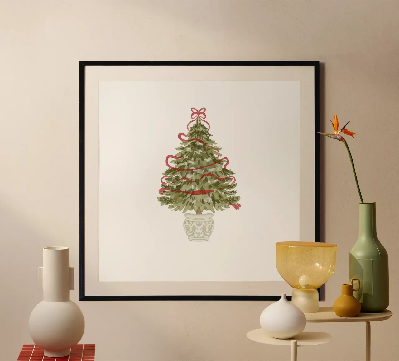 Albero di Natale vintage in vaso ornamentale con nastro rosso poster con telaio in alluminio da Stilrausch
