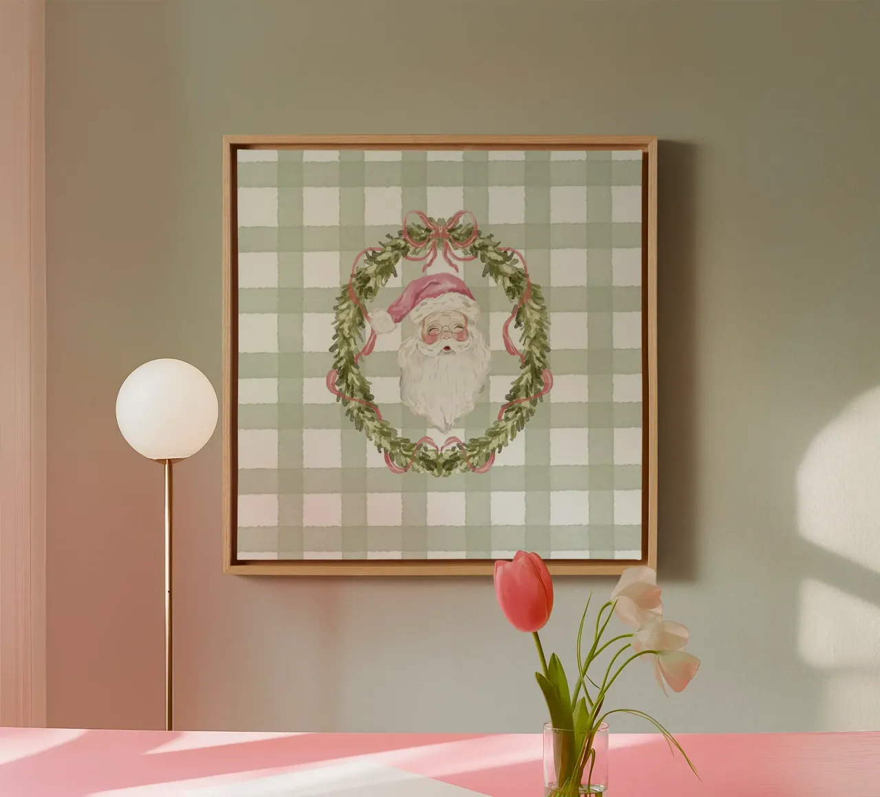 Ghirlanda di Babbo Natale vintage con nastro rosa su quadretti in percalle tela con Cornice a cassetta da Stilrausch