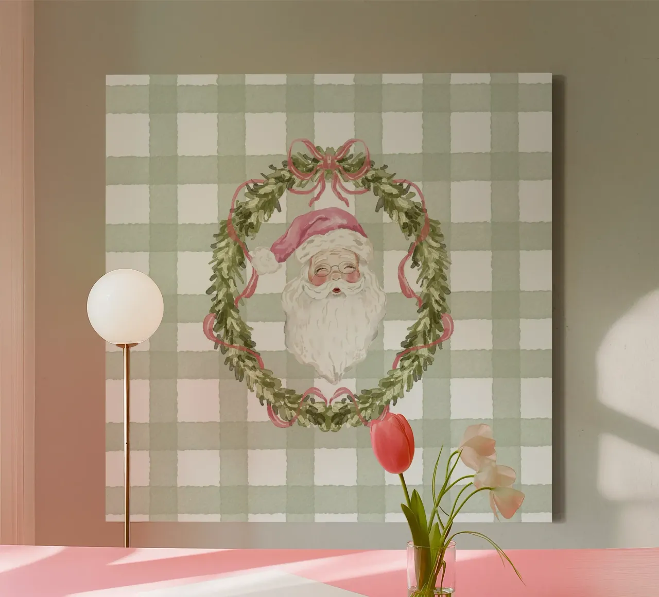 Ghirlanda di Babbo Natale vintage con nastro rosa su quadretti in percalle tela con Cornice a cassetta da Stilrausch