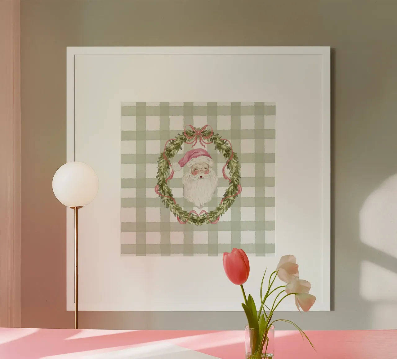 Ghirlanda di Babbo Natale vintage con nastro rosa su quadretti in percalle poster da Stilrausch