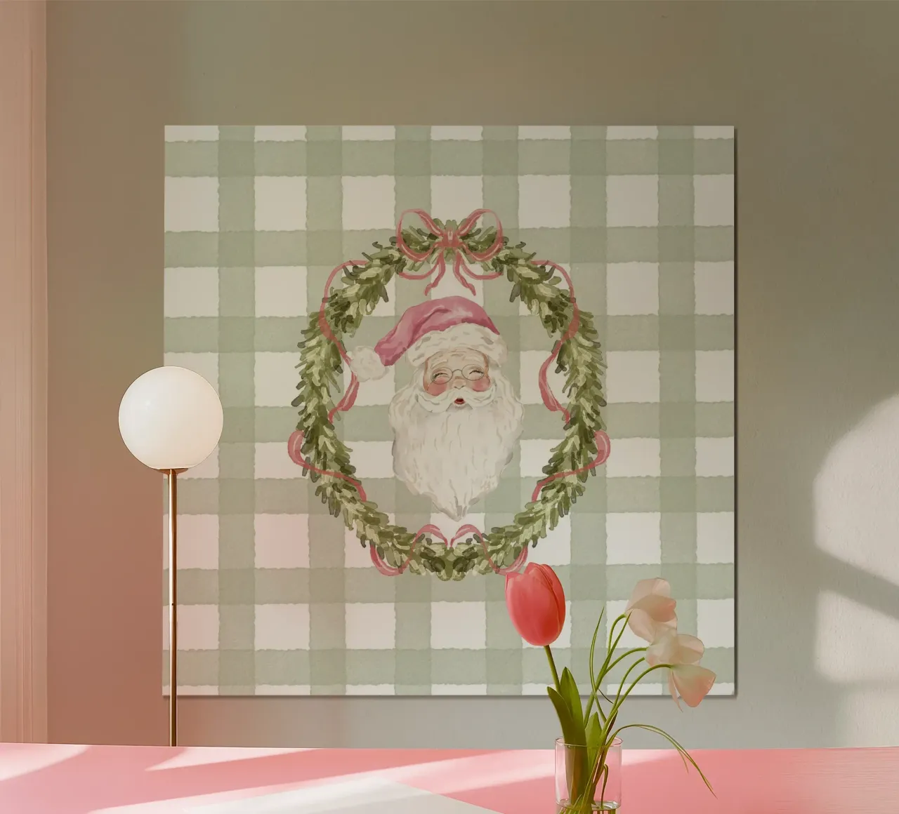 Ghirlanda di Babbo Natale vintage con nastro rosa su quadretti in percalle poster da Stilrausch