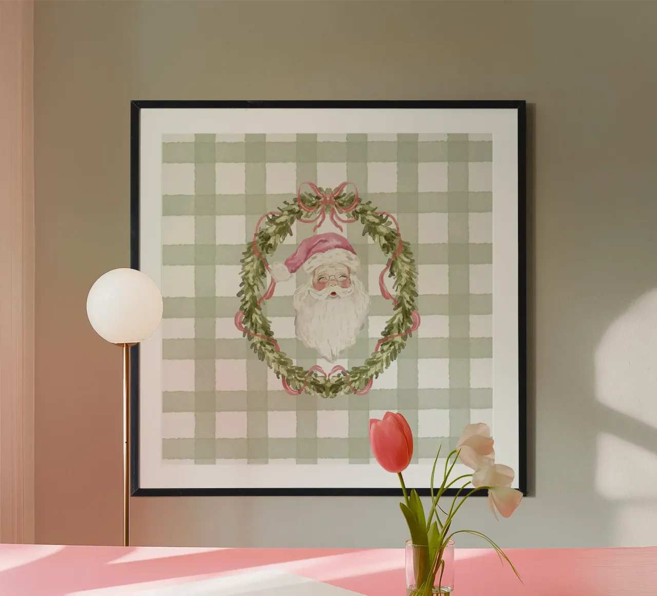 Ghirlanda di Babbo Natale vintage con nastro rosa su quadretti in percalle poster da Stilrausch